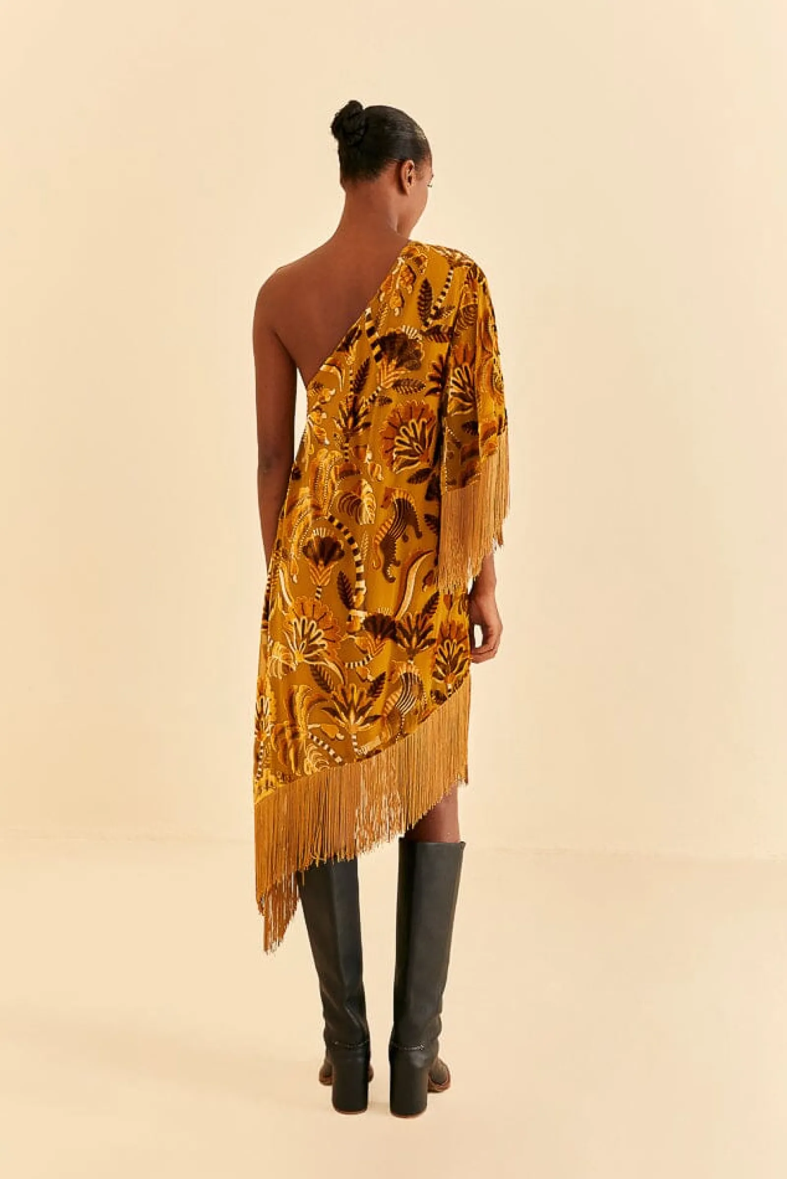 GOLDEN YELLOW VELVET ONE SHOULDER FRINGE DRESS