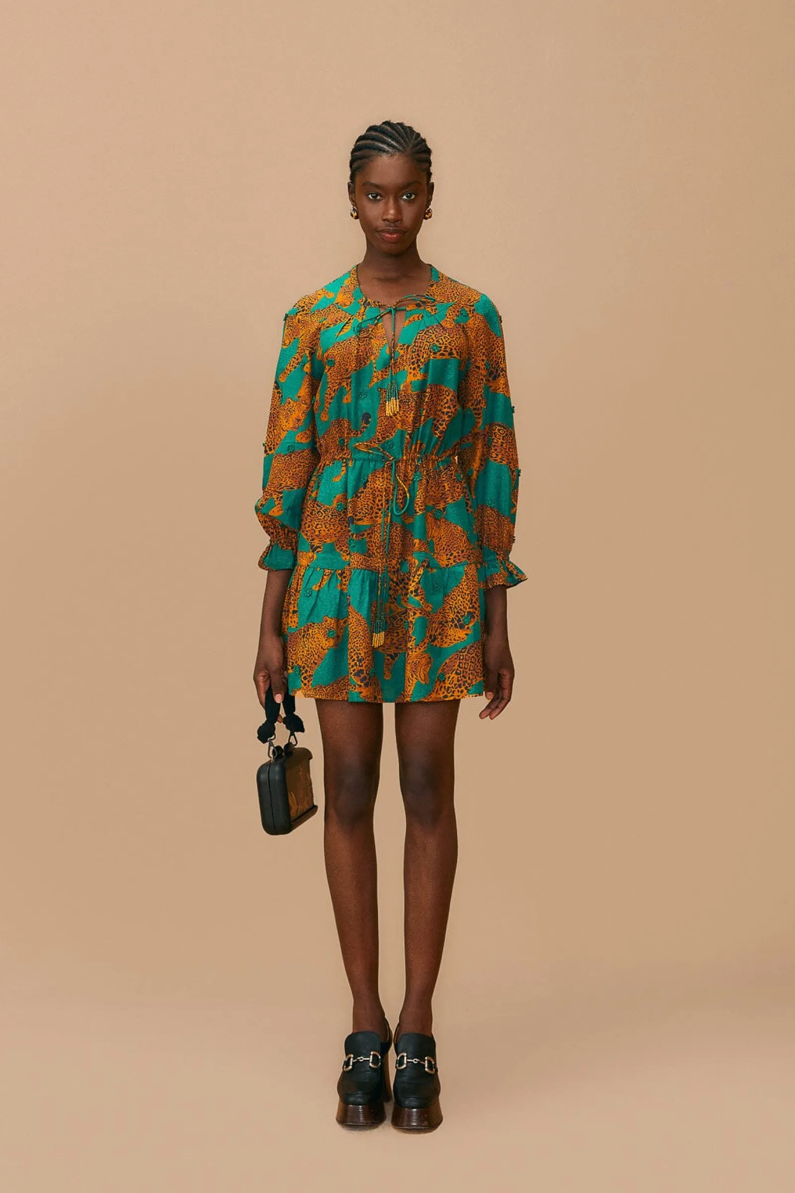 GREEN ARTSY LEOPARDS LONG SLEEVE MINI DRESS