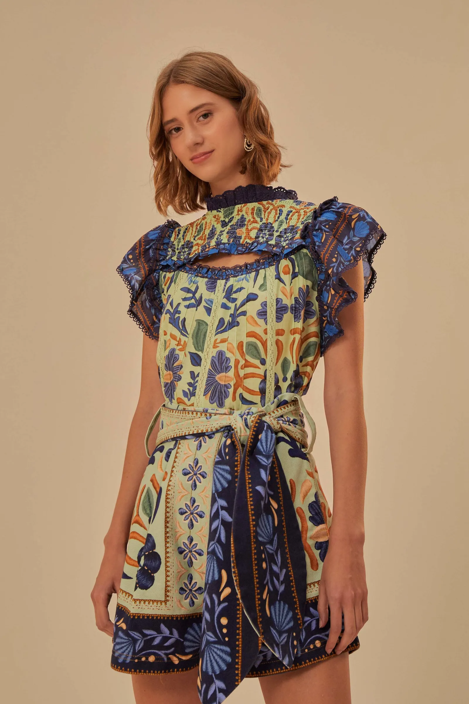  GREEN OCEAN TAPESTRY BELTED SHORT