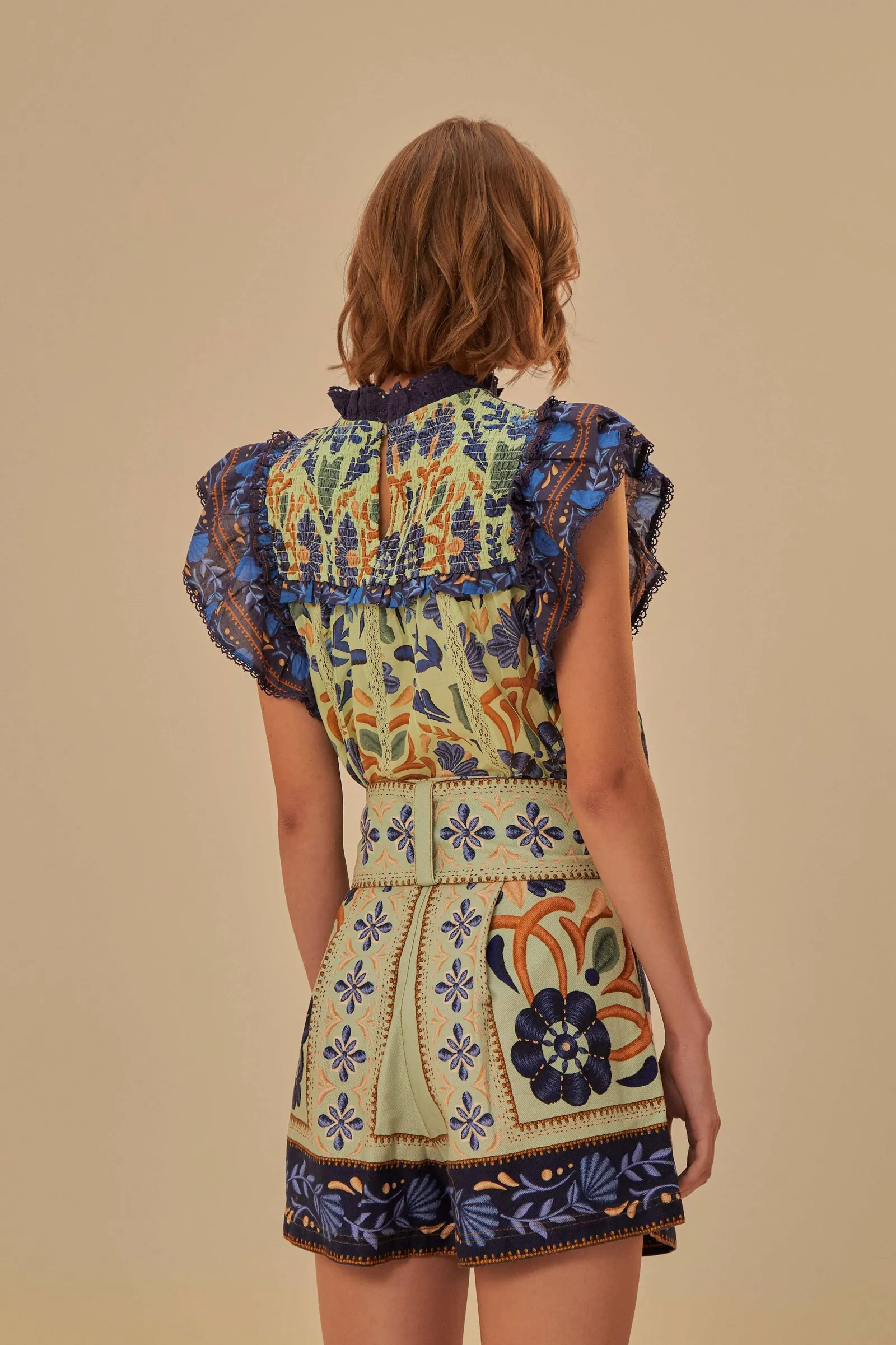 GREEN OCEAN TAPESTRY BELTED SHORT