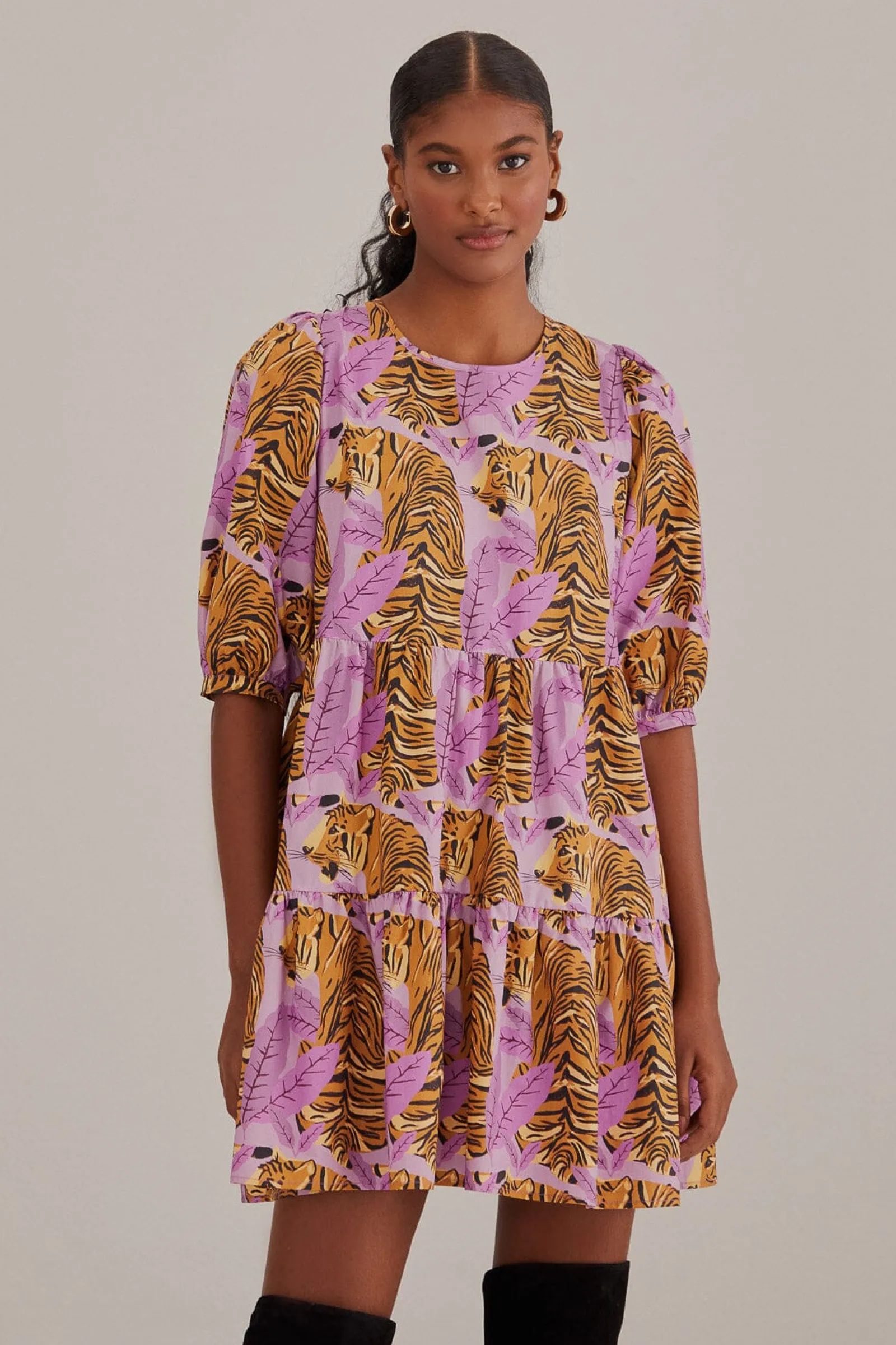  LAVENDER TIGER LEAVES PUFF SLEEVE MINI DRESS