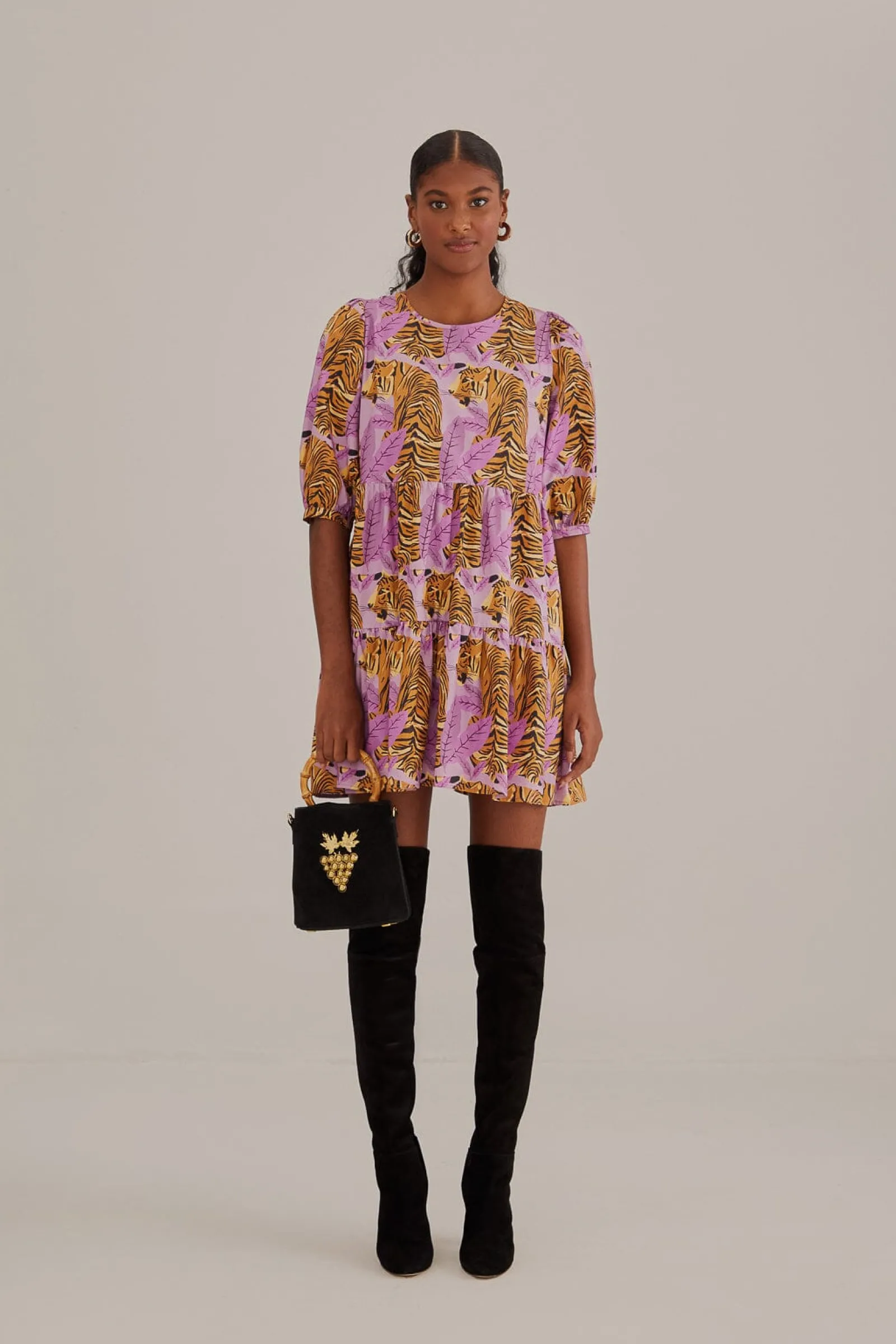 LAVENDER TIGER LEAVES PUFF SLEEVE MINI DRESS