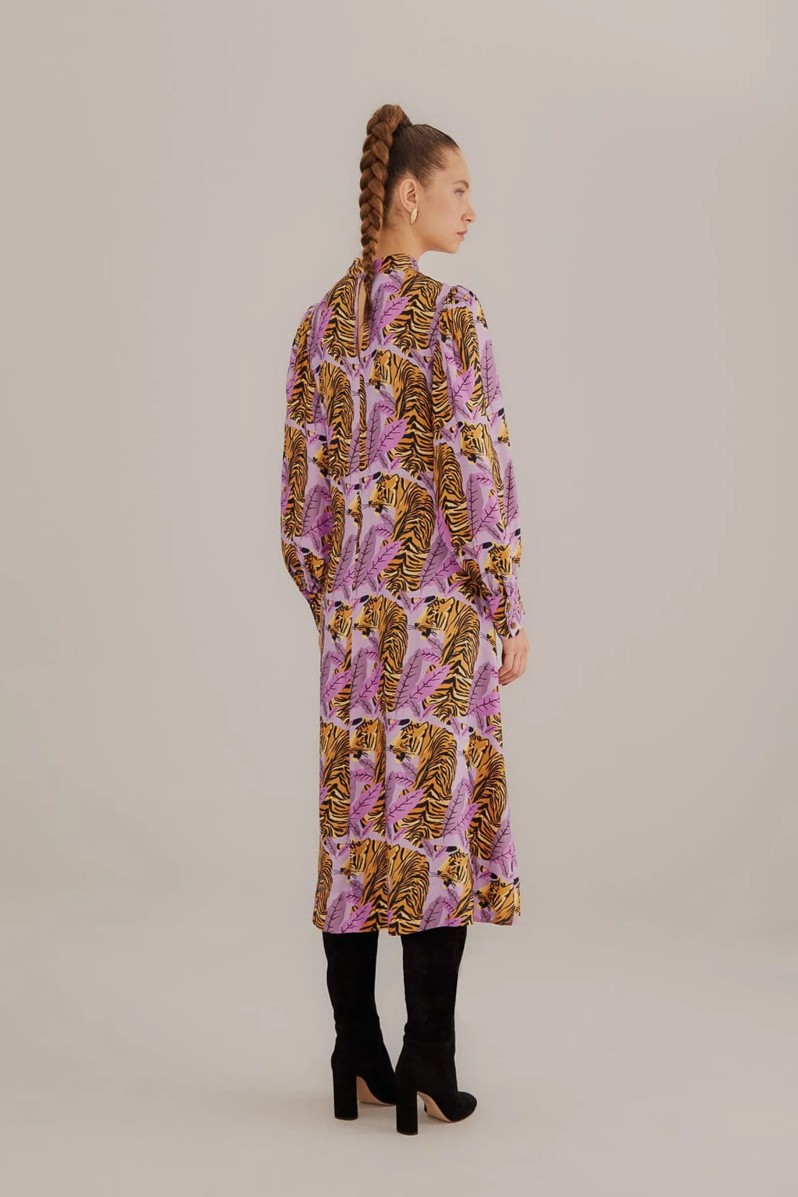 LAVENDER TIGER LEAVES MIDI DRESS