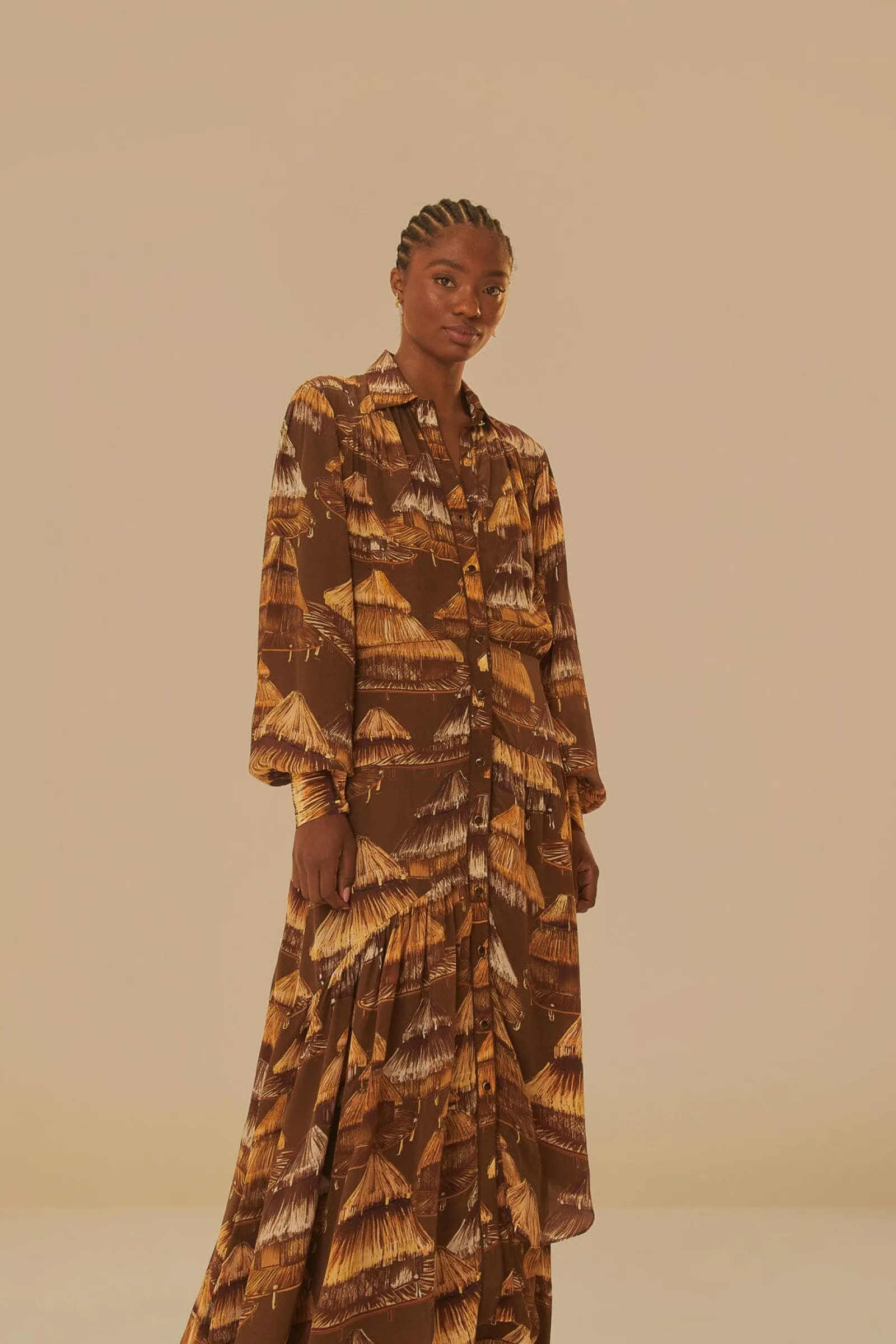 MALOCAS BEIGE LONG SLEEVE MIDI DRESS