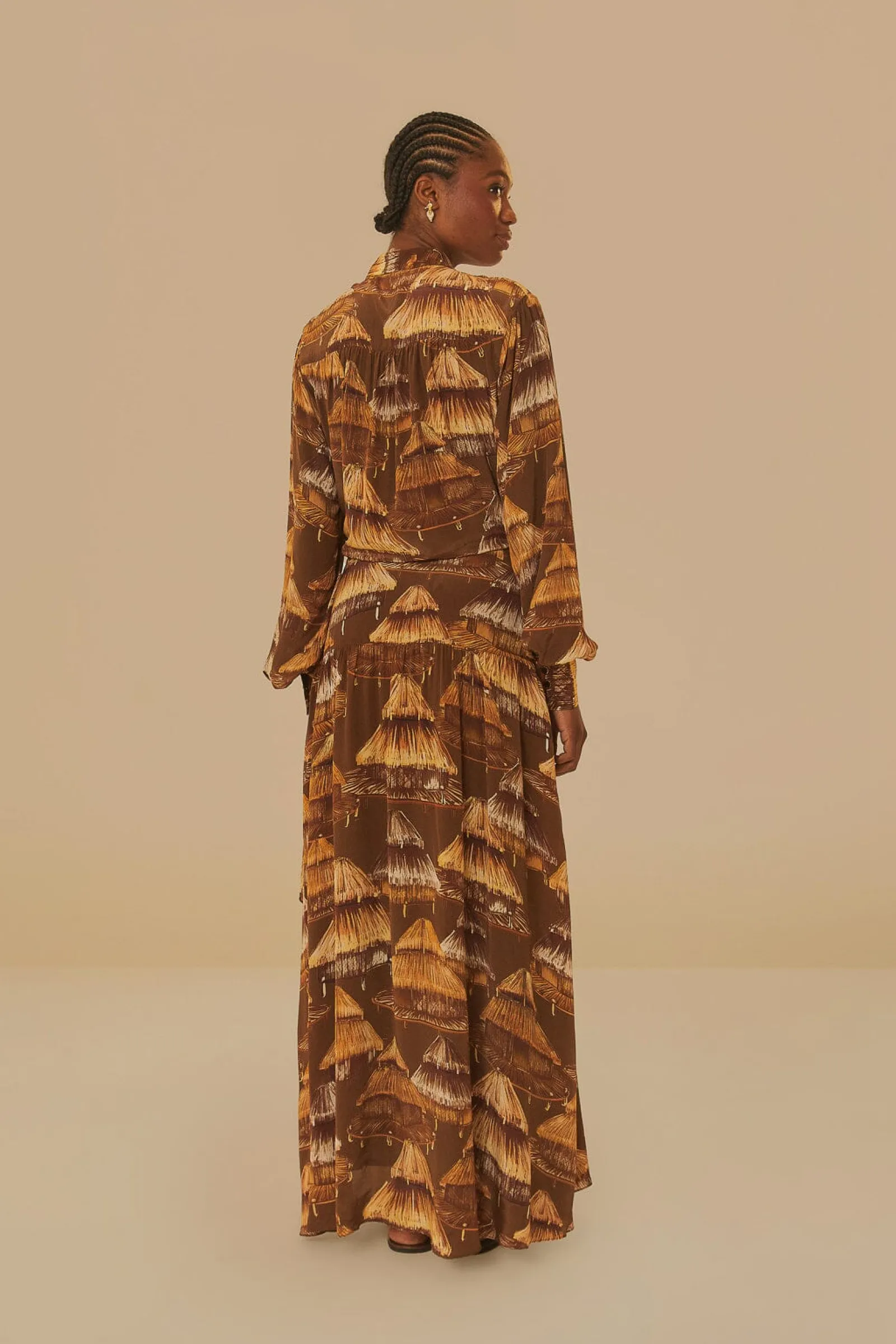 MALOCAS BEIGE LONG SLEEVE MIDI DRESS