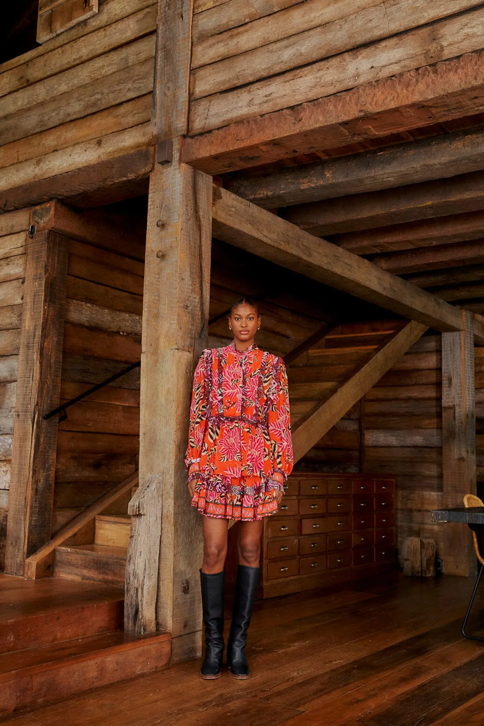 MIXED FLORAL RUFFLE MINI DRESS