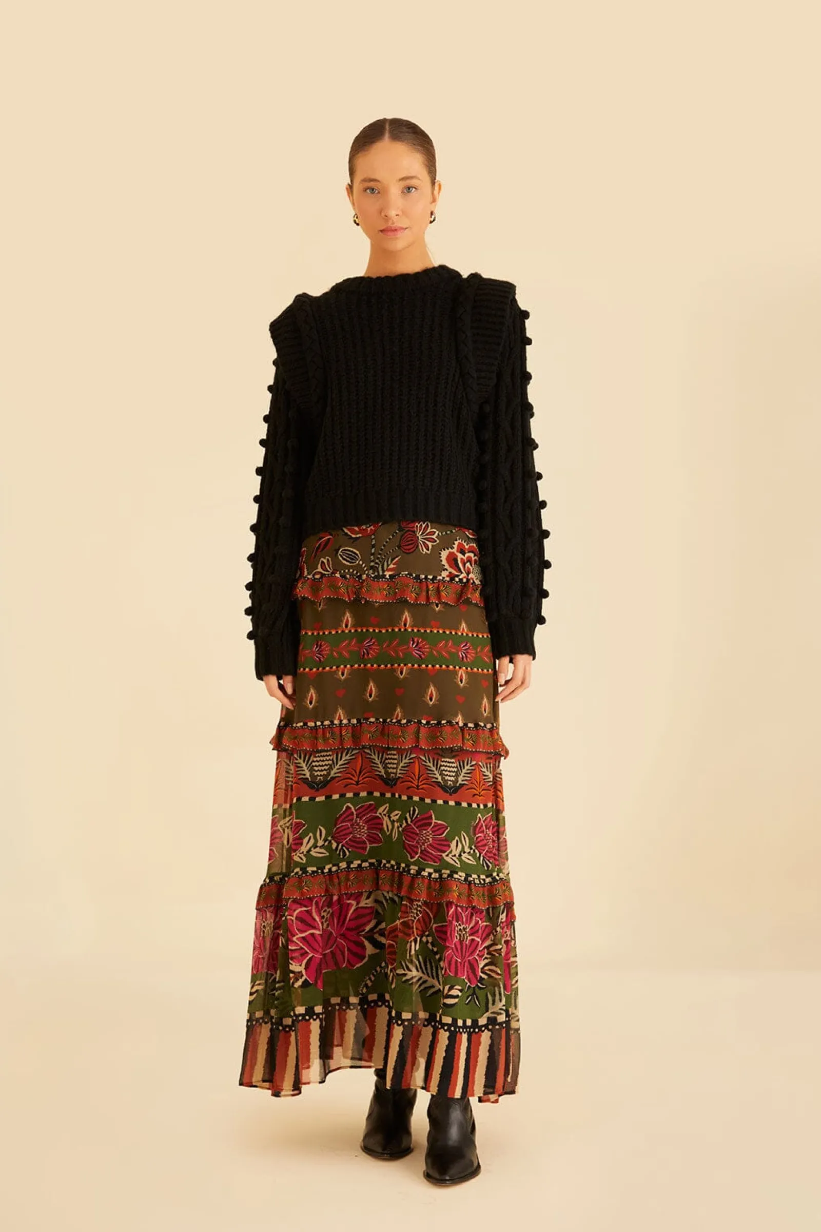  MULTICOLOR AINIKA FLORAL GARDEN TIERED MAXI SKIRT