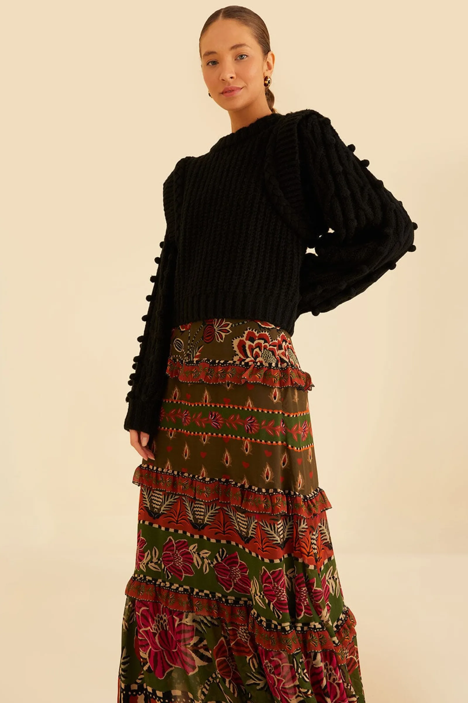  MULTICOLOR AINIKA FLORAL GARDEN TIERED MAXI SKIRT