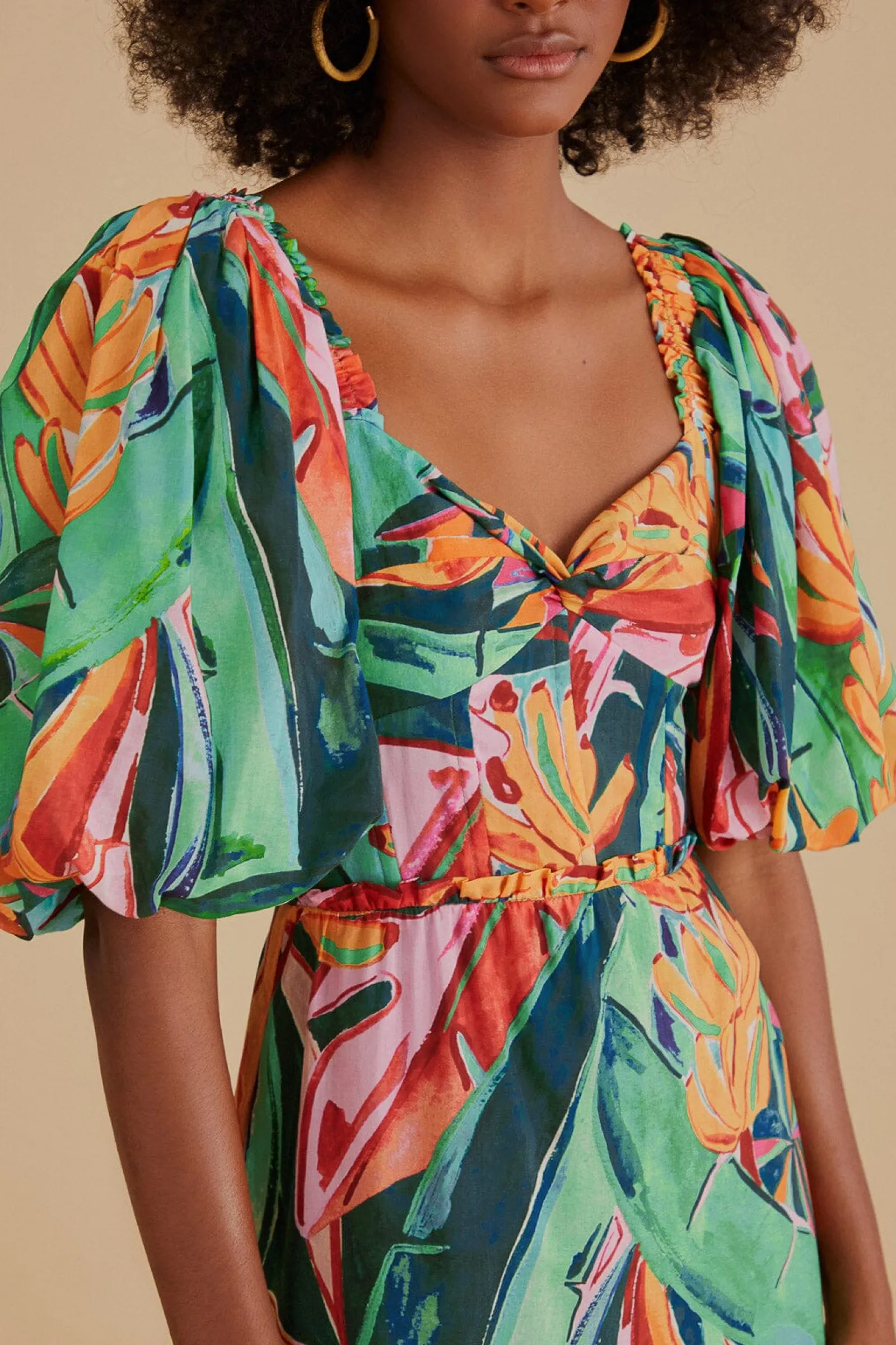 MULTICOLOR BANANA FOLIAGE PUFF SLEEVE MIDI DRESS