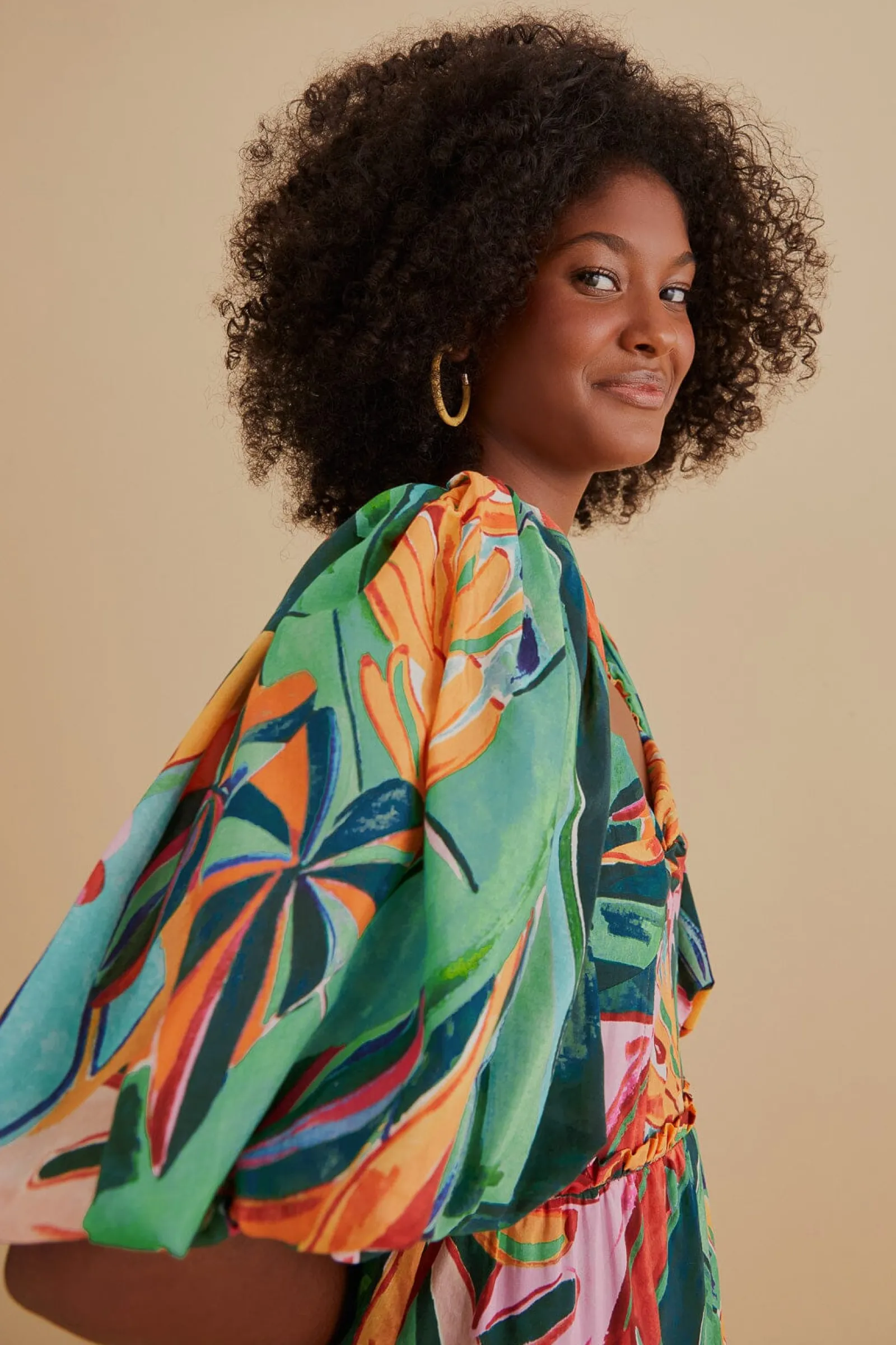 MULTICOLOR BANANA FOLIAGE PUFF SLEEVE MIDI DRESS