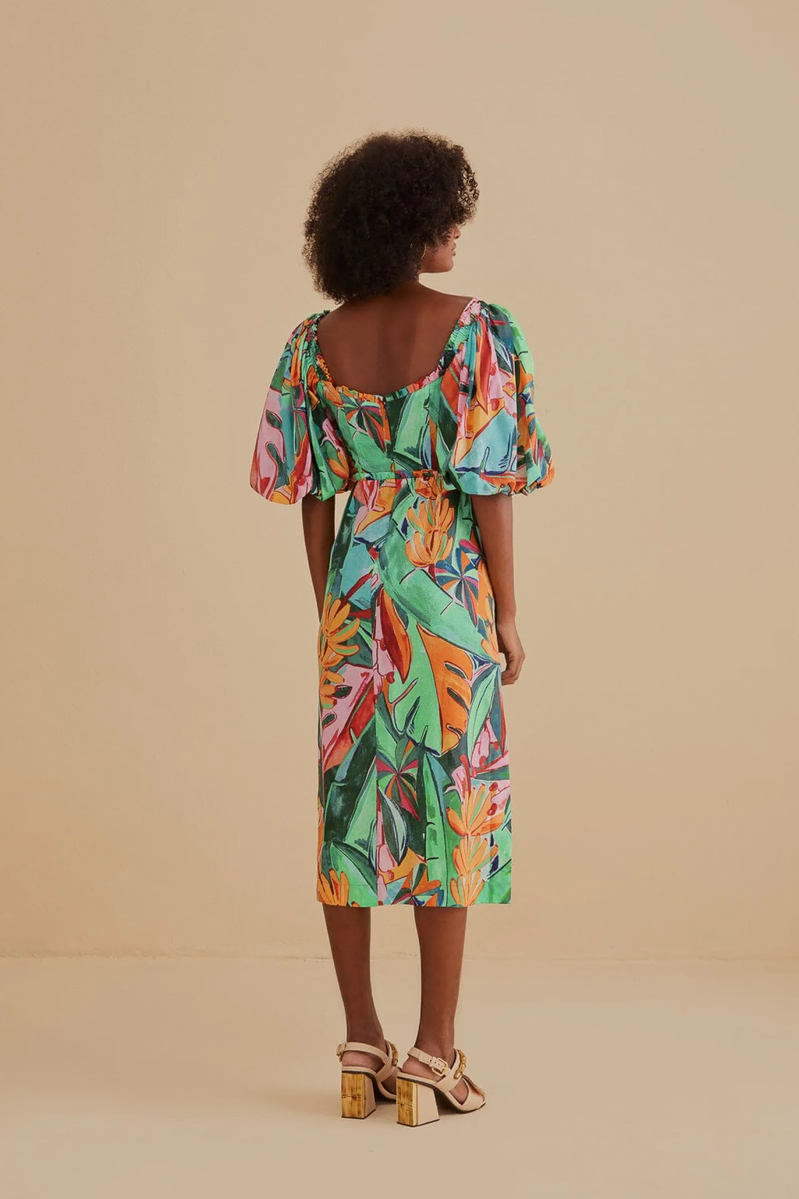 MULTICOLOR BANANA FOLIAGE PUFF SLEEVE MIDI DRESS