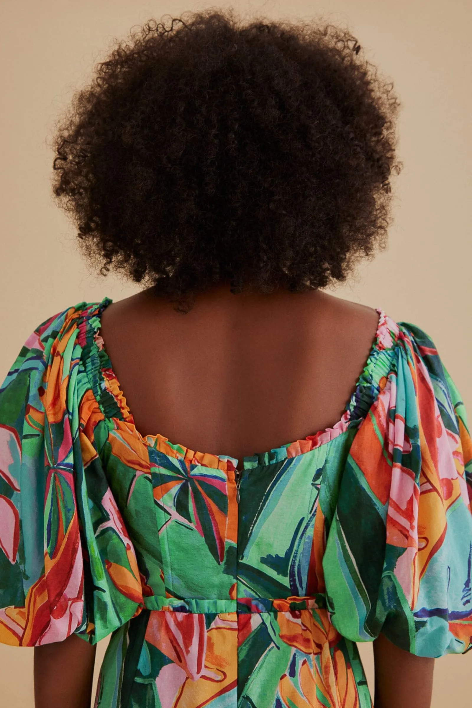 MULTICOLOR BANANA FOLIAGE PUFF SLEEVE MIDI DRESS