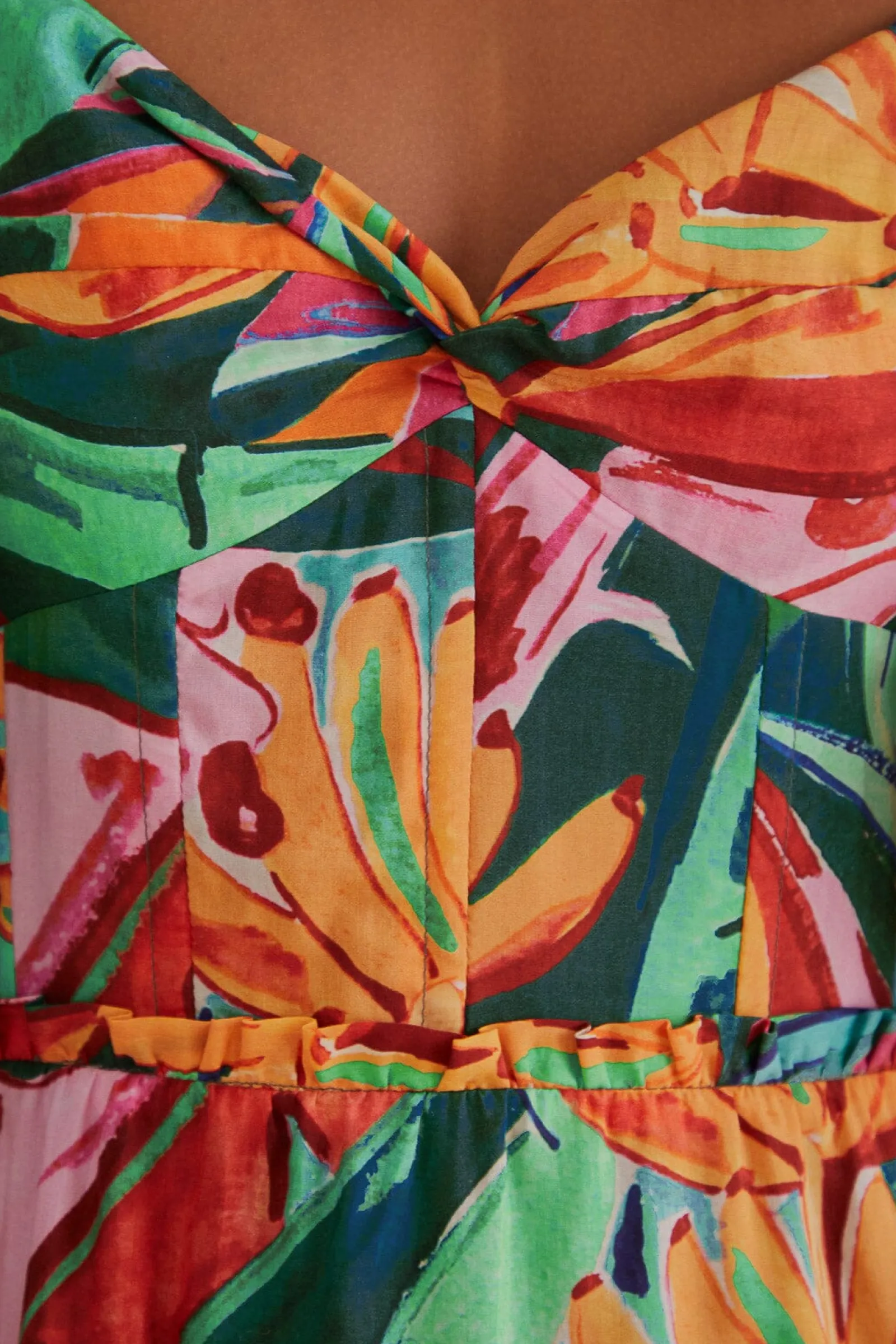 MULTICOLOR BANANA FOLIAGE PUFF SLEEVE MIDI DRESS