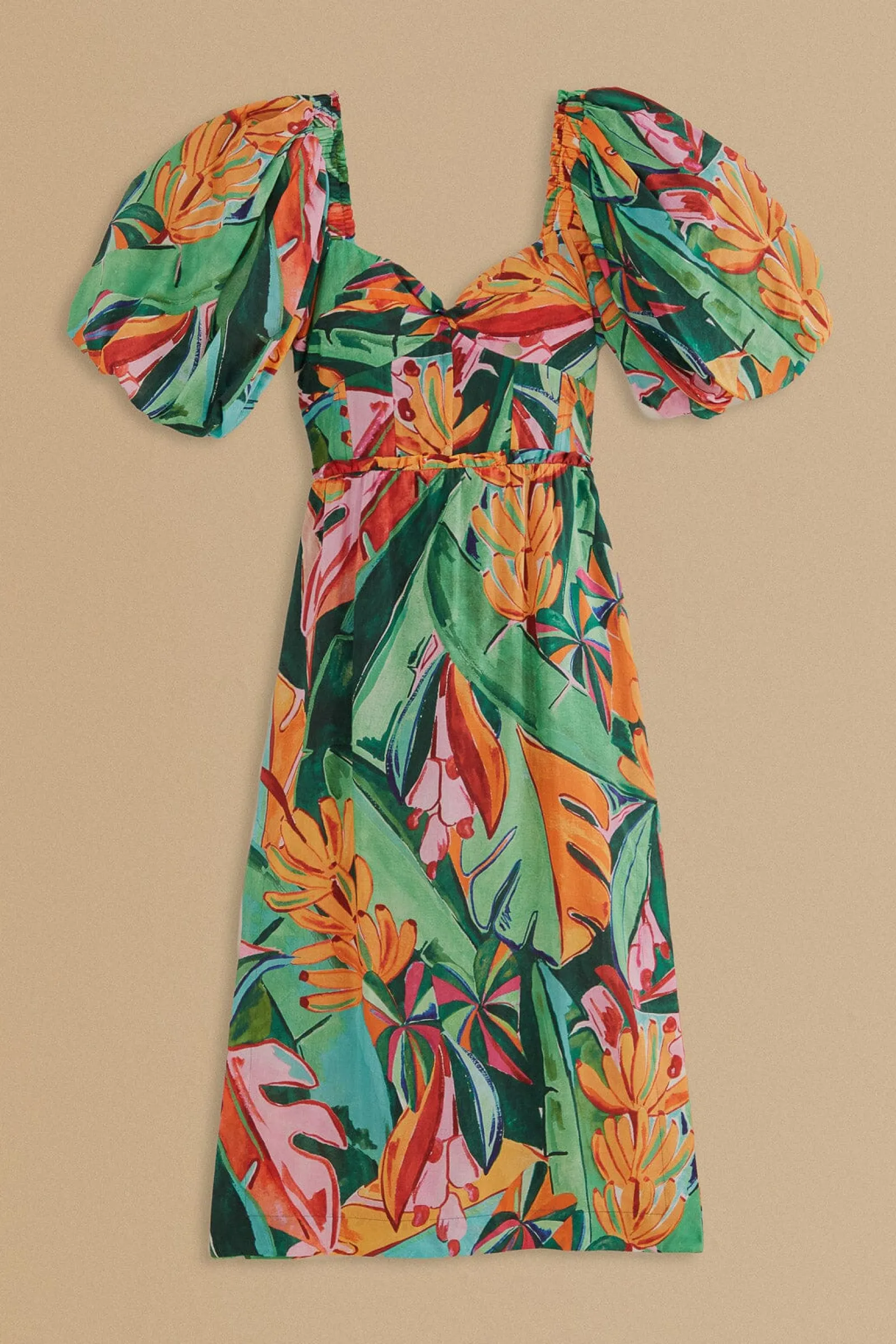 MULTICOLOR BANANA FOLIAGE PUFF SLEEVE MIDI DRESS