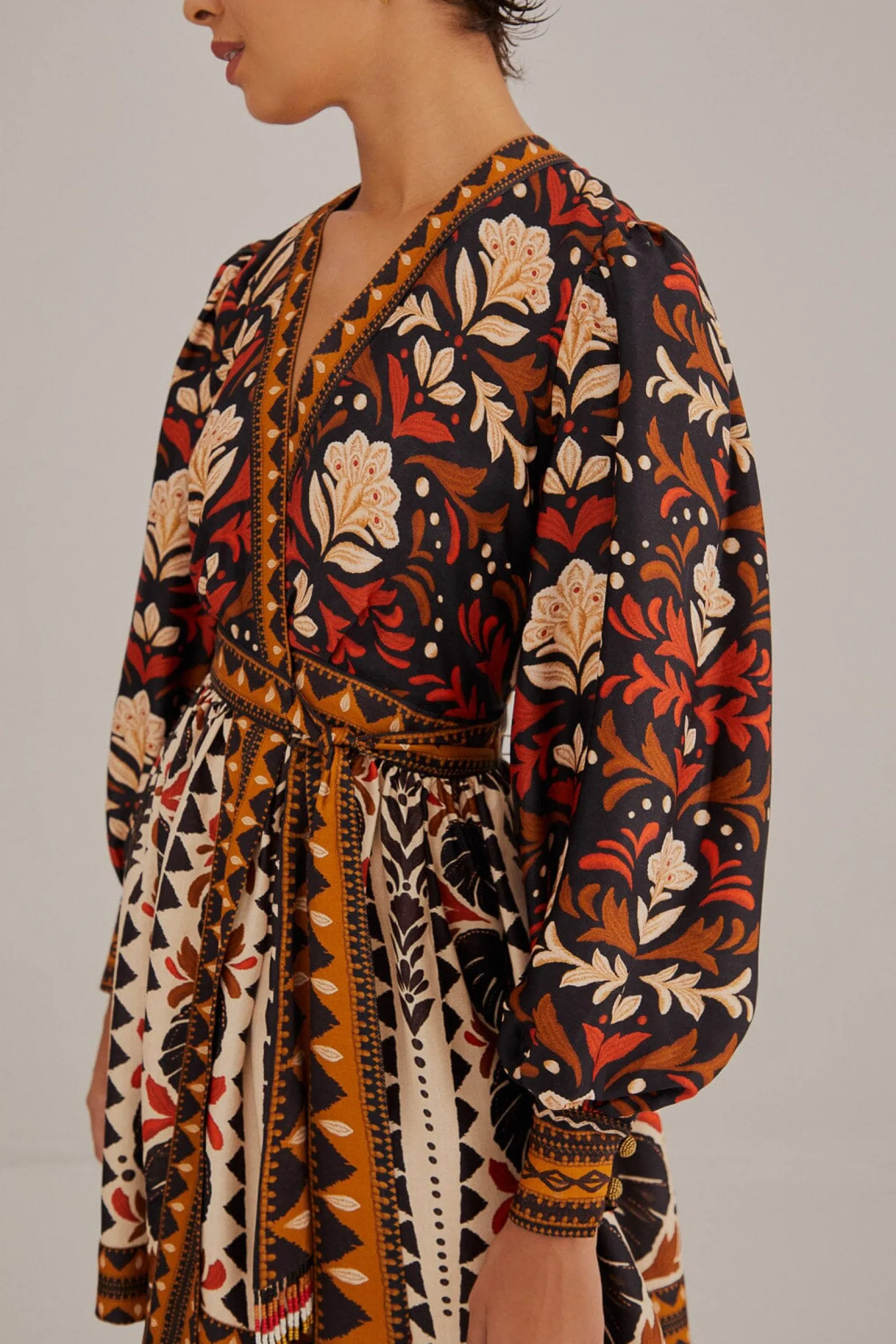 MULTICOLOR TAPESTRY GARDEN V NECK MINI DRESS