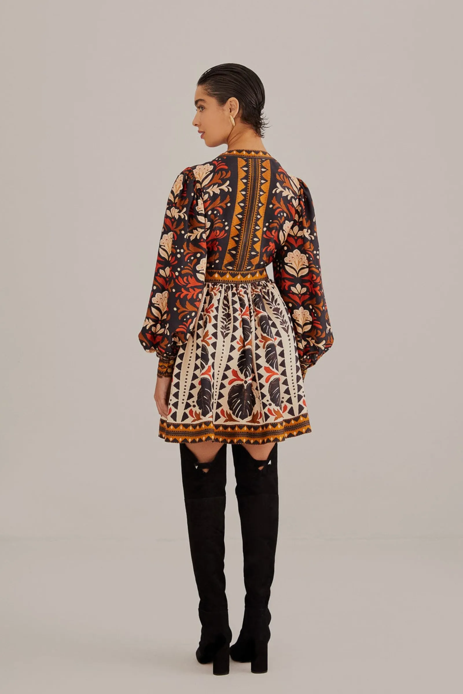 MULTICOLOR TAPESTRY GARDEN V NECK MINI DRESS