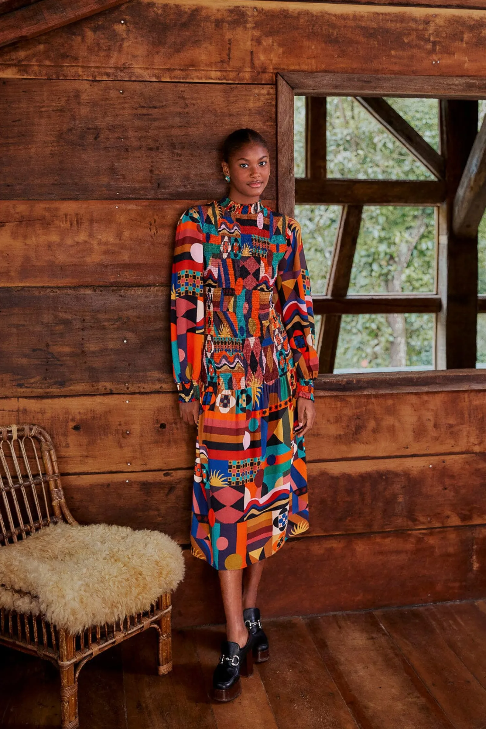  MULTICOLOR TROPICAL SHAPES LENZING™ ECOVERO™ VISCOSE MIDI DRESS