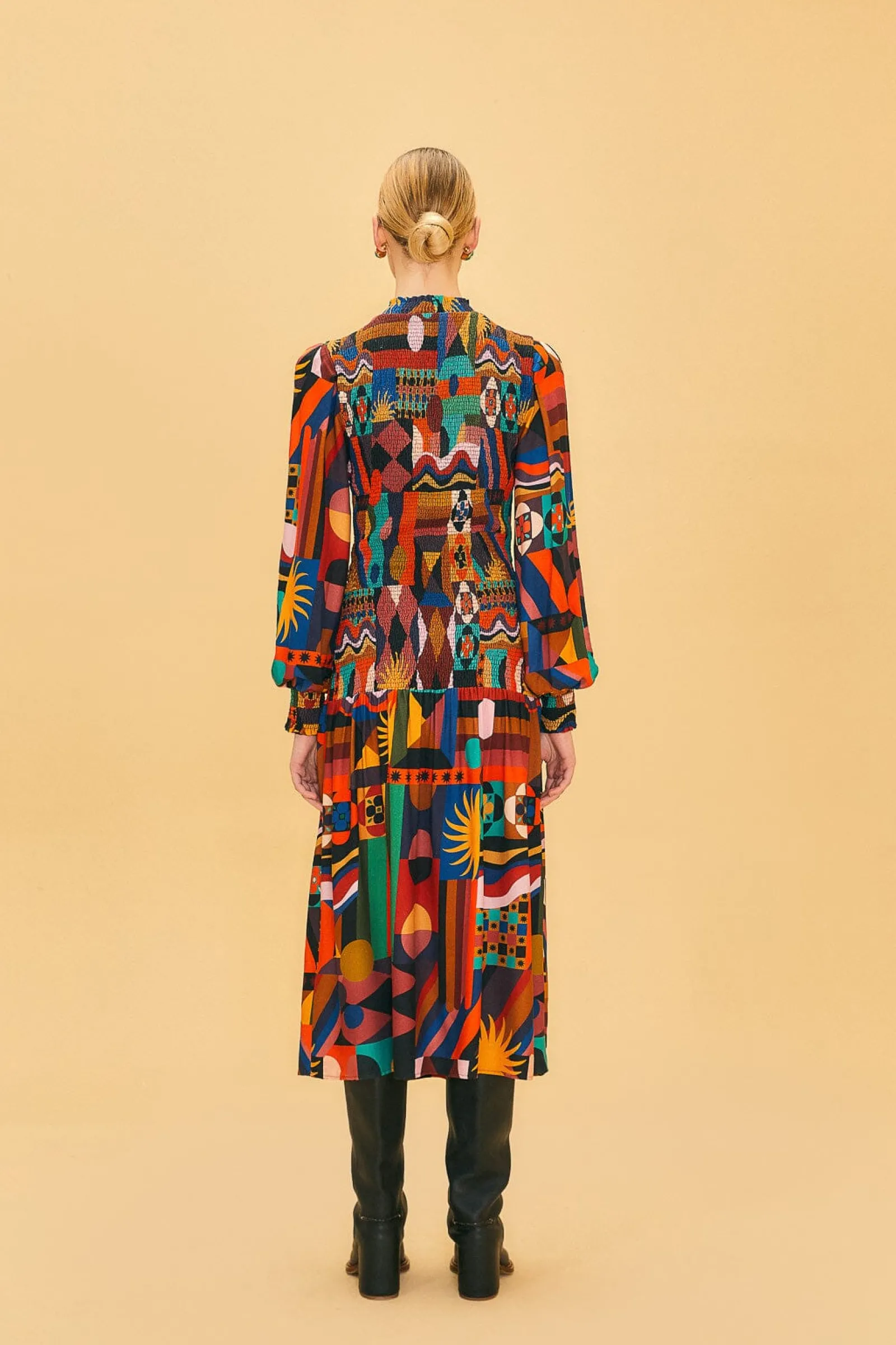 MULTICOLOR TROPICAL SHAPES LENZING™ ECOVERO™ VISCOSE MIDI DRESS