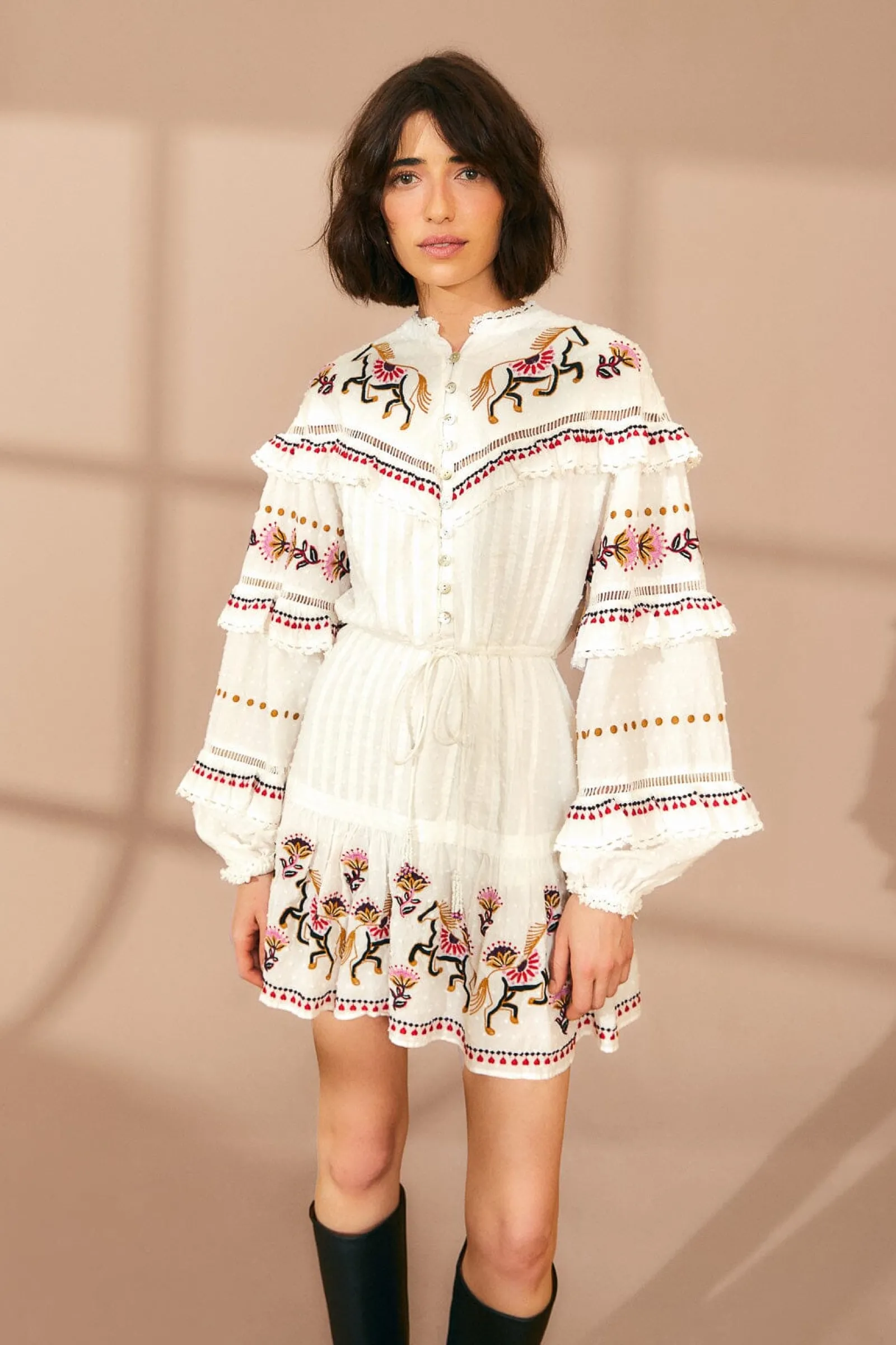  OFF-WHITE EMBROIDERED HORSES RUFFLE MINI DRESS
