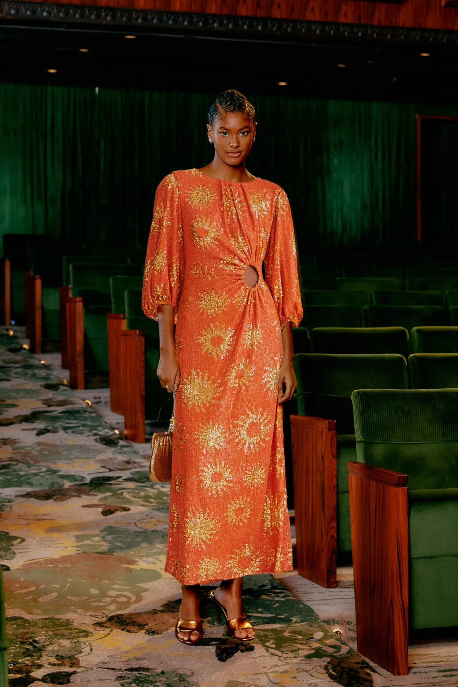  ORANGE SUNNY MOOD SEQUIN CUT OUT MIDI DRESS