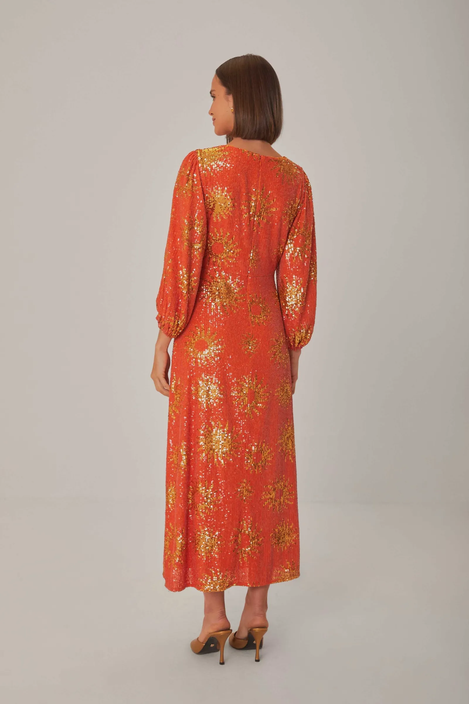 ORANGE SUNNY MOOD SEQUIN CUT OUT MIDI DRESS