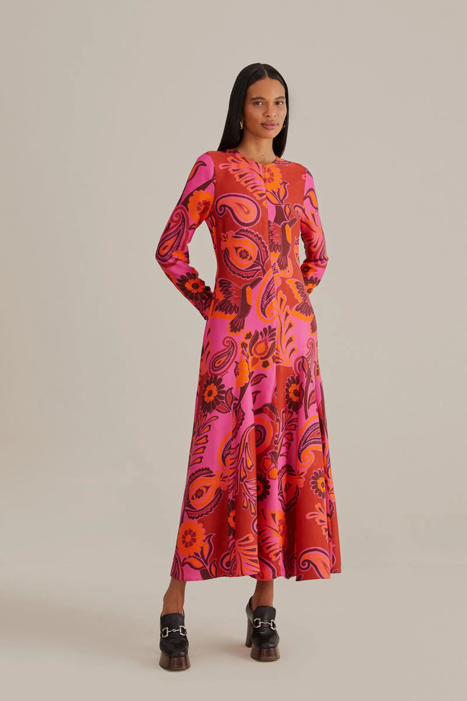  PINK BOLD FLORAL LONG SLEEVE MAXI DRESS