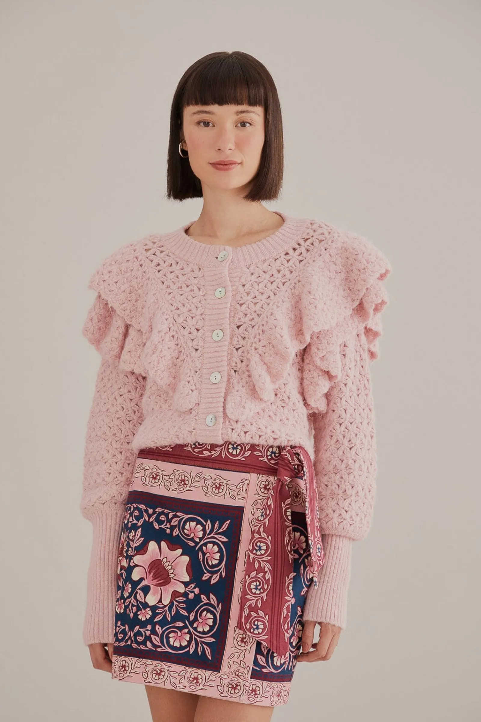 PINK FLOWER TEXTURE KNIT CARDIGAN
