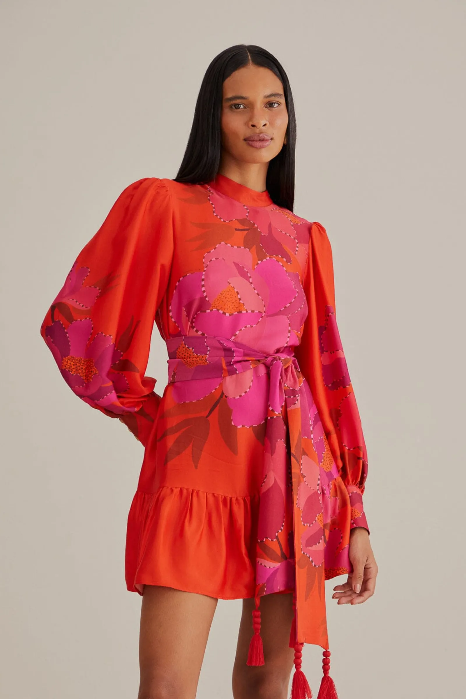  RED PEONY LONG SLEEVE MINI DRESS