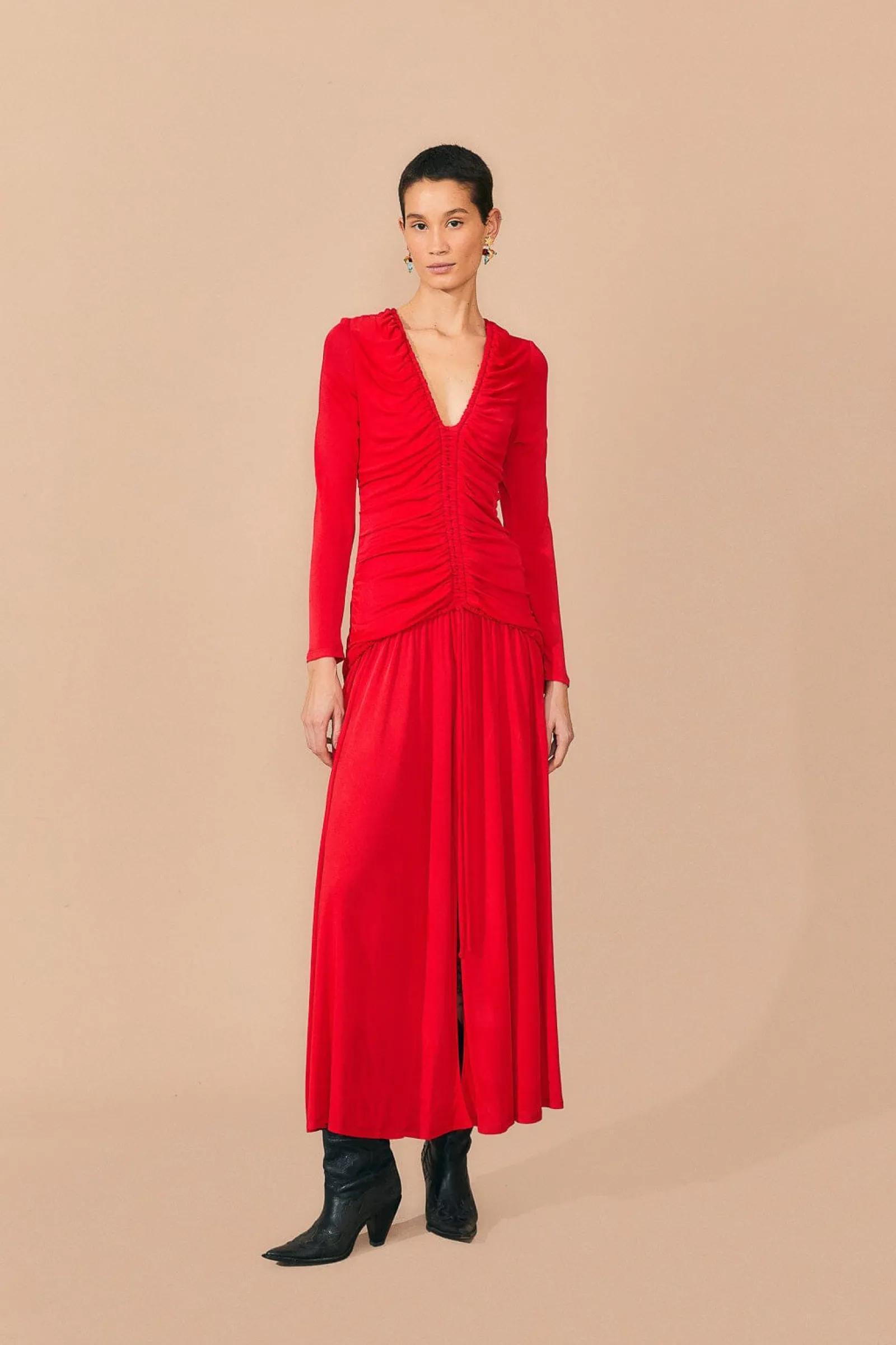  RED V NECKLINE LONG SLEEVE MIDI DRESS