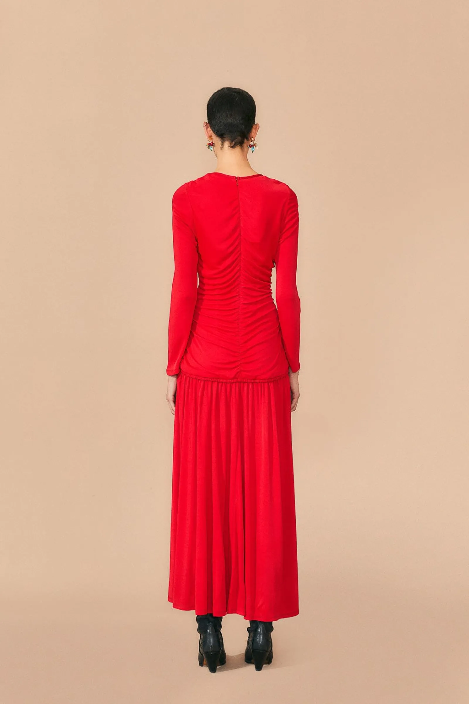 RED V NECKLINE LONG SLEEVE MIDI DRESS