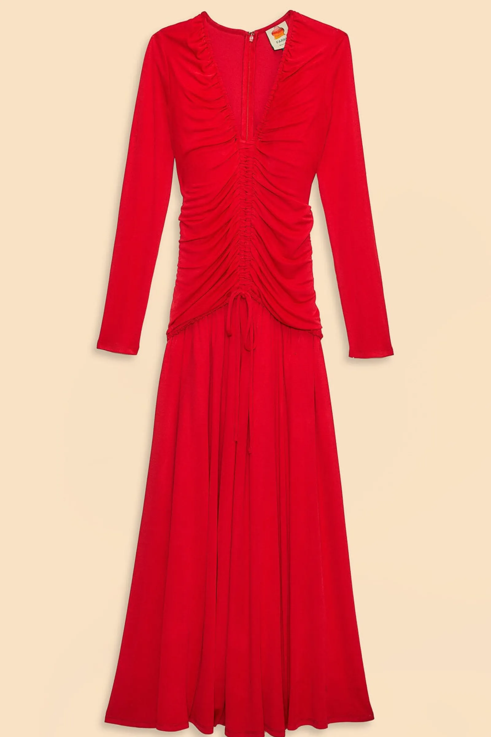 RED V NECKLINE LONG SLEEVE MIDI DRESS