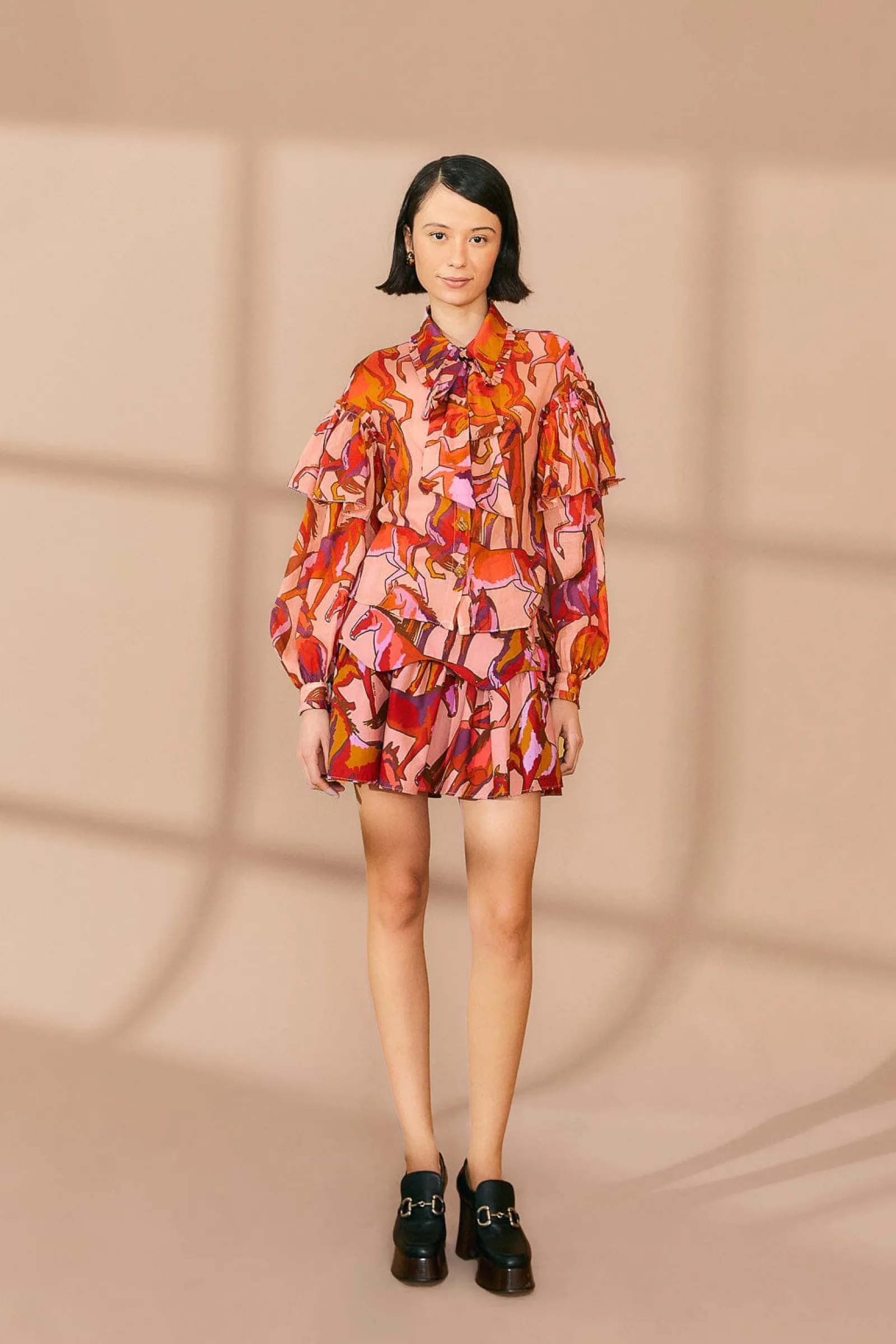  ROSE WILD HORSES BOW NECK TIE BLOUSE