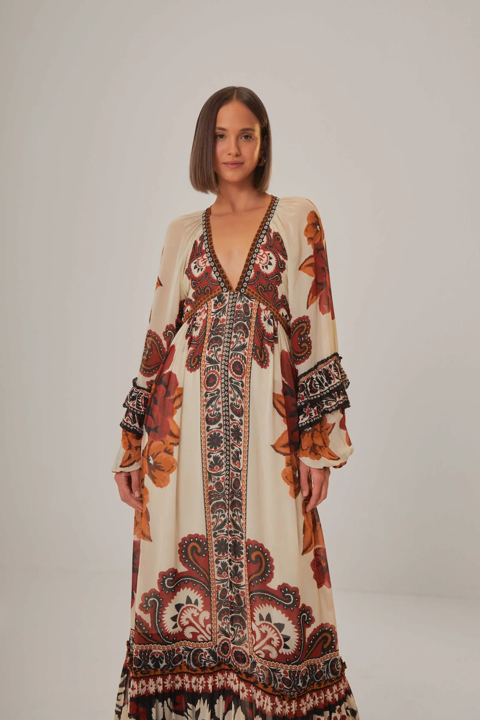  SAND WINTER TAPESTRY V NECK MAXI DRESS