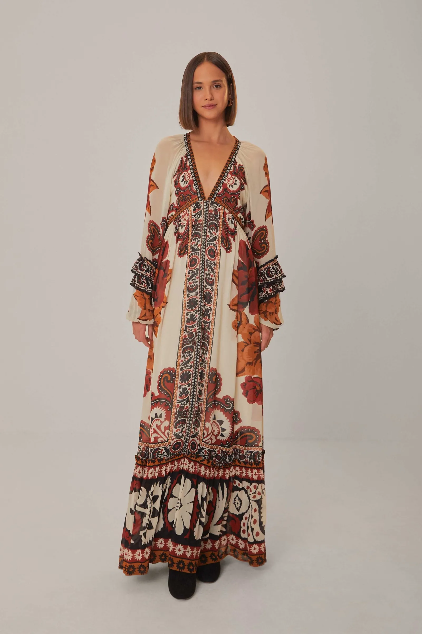 SAND WINTER TAPESTRY V NECK MAXI DRESS