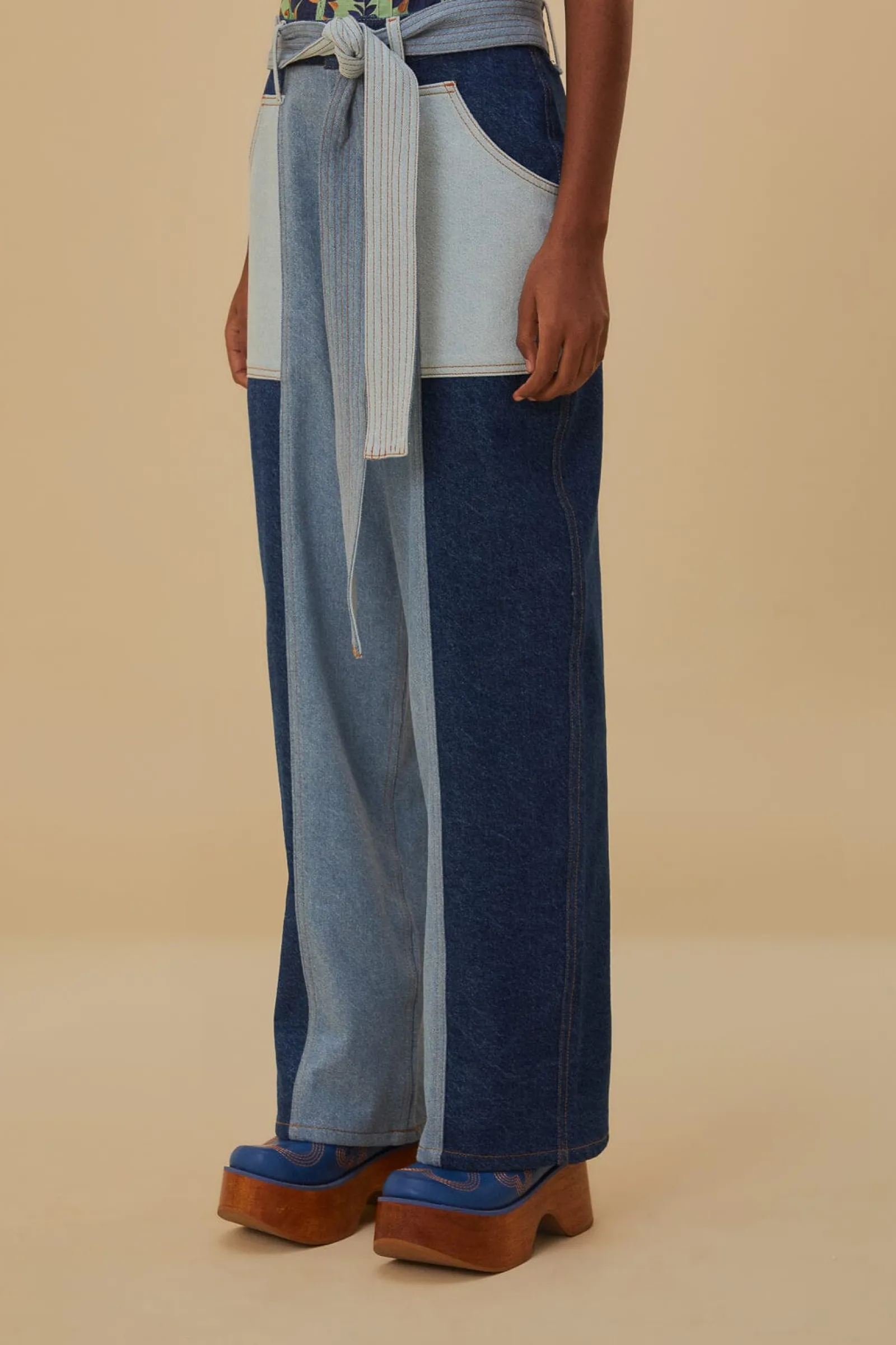 TIE WAIST PATCH DENIM PANTS