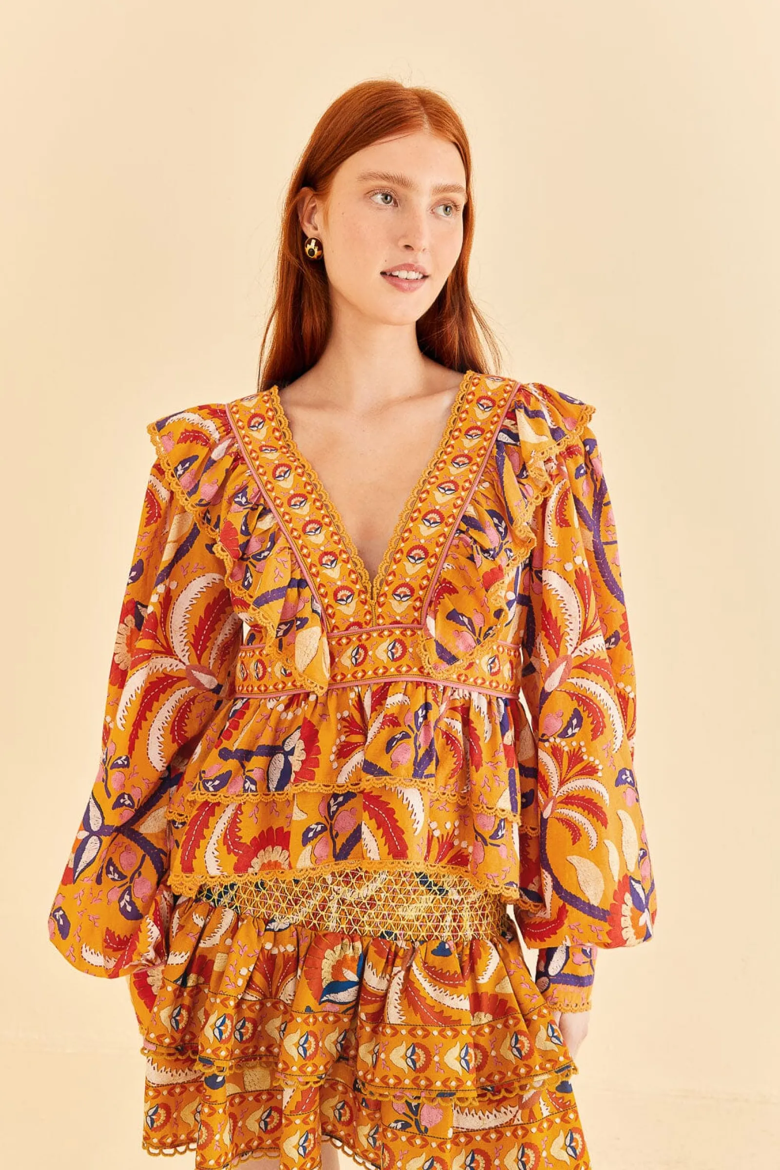  YELLOW PALMS PARTY RUFFLE BLOUSE