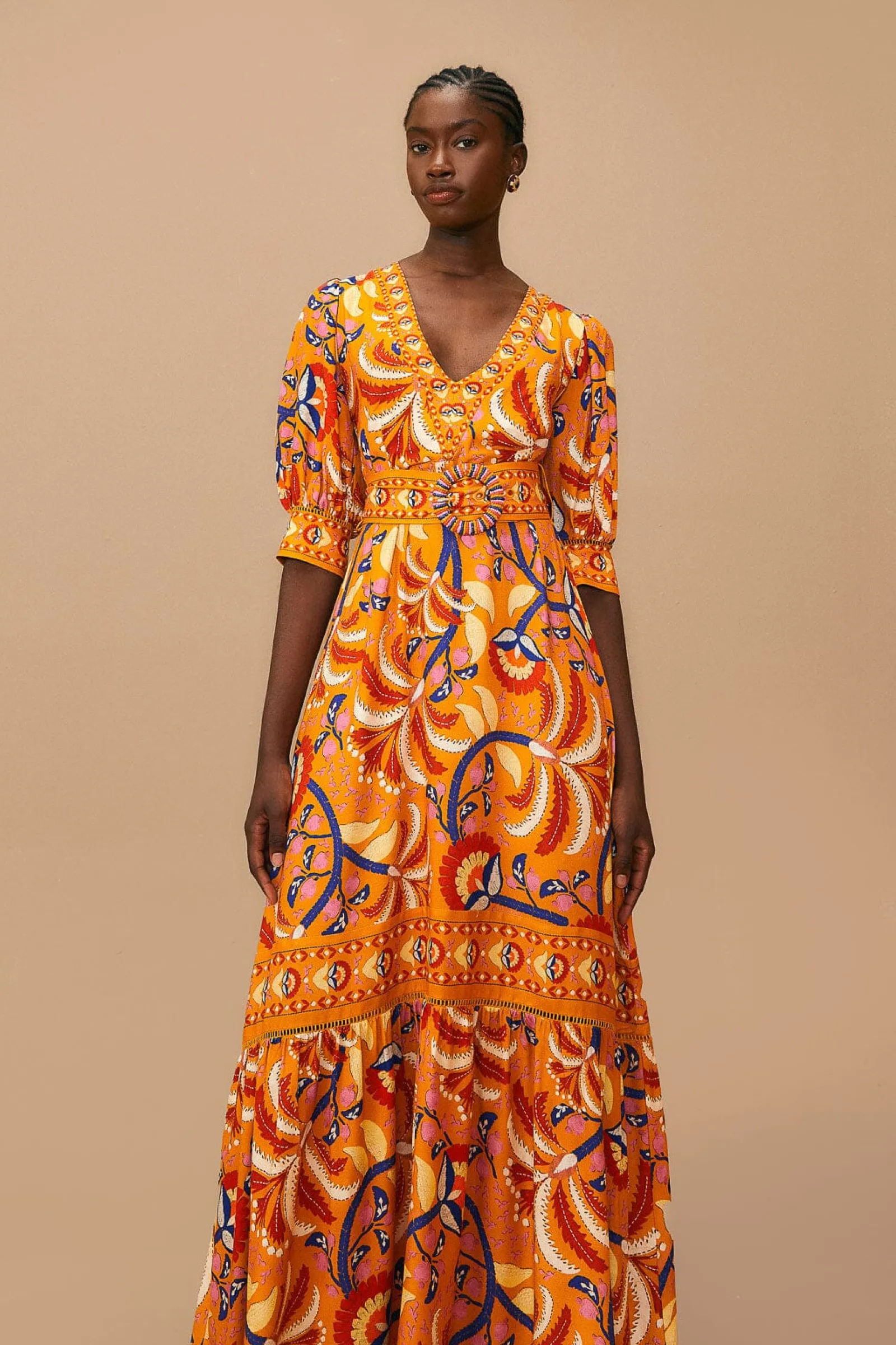 YELLOW PALMS PARTY SHORT SLEEVE MAXI DRESS